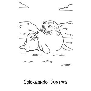 Imagen para colorear de una mamá foca con su cría en la orilla