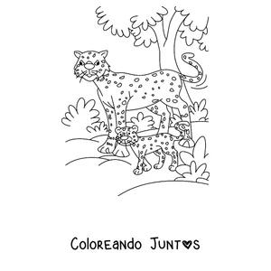 Imagen para colorear de una mamá guepardo paseando con su cría