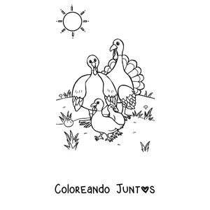 Imagen para colorear de una mamá pava paseando con sus pavitos