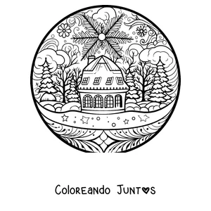 Imagen para colorear de un mandala de invierno con una cabaña nevada y pinos dentro de una bola de nieve