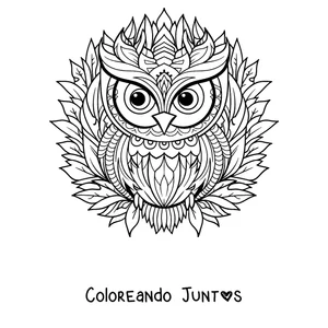 Imagen para colorear de un mandala de invierno con un búho sobre hojas y figuras en forma de copo