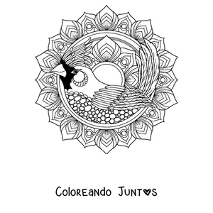 Imagen para colorear de un mandala de invierno con un pájaro cardenal rodeado de pétalos