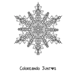 Imagen para colorear de un mandala de invierno con forma de copo de nieve de seis brazos muy detallado