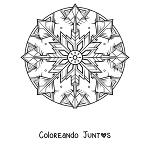 Imagen para colorear de un mandala de invierno con forma de cristal de hielo y estrellas