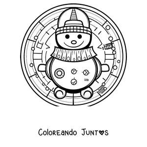 Imagen para colorear de un mandala de invierno con un muñeco de nieve con gorro y bufanda dentro de un círculo