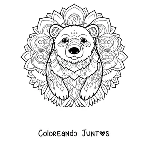Imagen para colorear de un mandala de invierno con la cara de un oso polar sobre figuras circulares