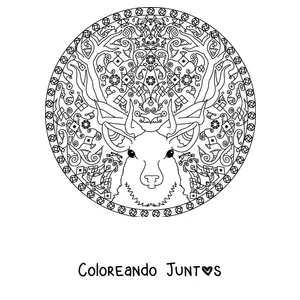 Imagen para colorear de un mandala de invierno con la cabeza de un reno con grandes astas