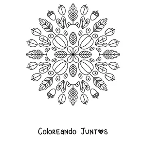 Imagen para colorear de un mandala de otoño con bellotas y hojas de roble