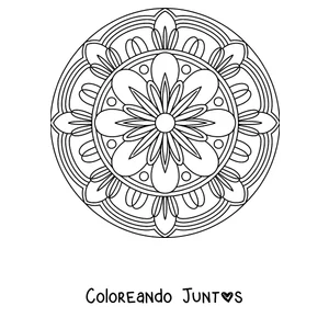 Imagen para colorear de un mandala de otoño con una flor en el centro y un anillo de pétalos