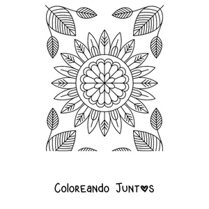 Imagen para colorear de un mandala de girasol rodeado de hojas otoñales