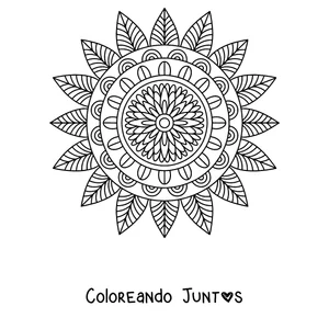 Imagen para colorear de un mandala de otoño en forma de girasol con pétalos puntiagudos