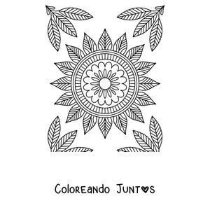 Imagen para colorear de un mandala de girasol con racimos de hojas en las esquinas