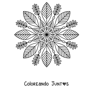 Imagen para colorear de un mandala de otoño con hojas alargadas que salen del centro