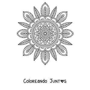 Imagen para colorear de un mandala de otoño con pétalos en forma de hoja alrededor del centro