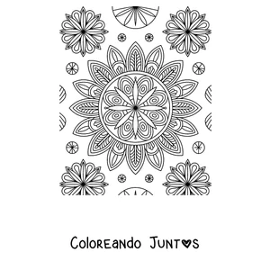 Imagen para colorear de una página con un mandala grande de otoño rodeado de mandalas y flores más pequeños