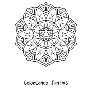 Imagen para colorear de un mandala de primavera redondo con pétalos largos y anillo de flores