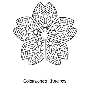 Imagen para colorear de un mandala de primavera con forma de flor de cerezo de cinco pétalos