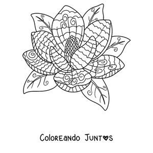 Imagen para colorear de un mandala de primavera con forma de flor de magnolia con hojas
