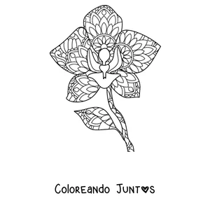 Imagen para colorear de un mandala de primavera con forma de orquídea con pétalos decorados
