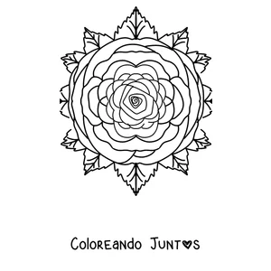 Imagen para colorear de un mandala de primavera con una rosa en el centro y hojas alrededor