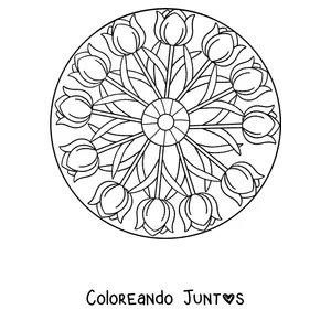 Imagen para colorear de un mandala de primavera con tulipanes en círculo alrededor del centro