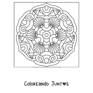 Imagen para colorear de un mandala de verano formado por caracolas y conchas marinas