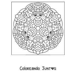 Imagen para colorear de un mandala de verano con castillos de arena, conchas y estrellas de mar