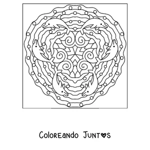 Imagen para colorear de un mandala de verano con delfines saltando en círculo