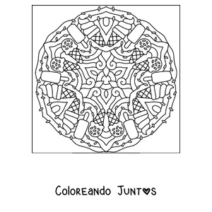Imagen para colorear de un mandala de verano hecho con conos de helado y paletas