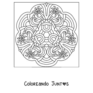 Imagen para colorear de un mandala de verano con palmeras, cocos y olas