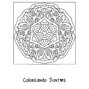 Imagen para colorear de un mandala de verano con peces tropicales y corales