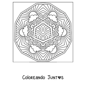 Imagen para colorear de un mandala de verano con un sol de rayos largos y nubes