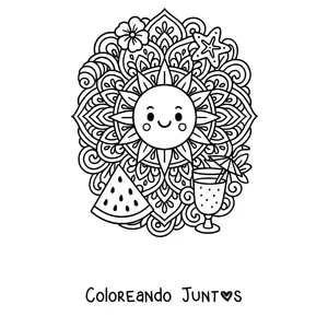 Imagen para colorear de un mandala de verano con un sol sonriente, sandía, flor y estrella de mar
