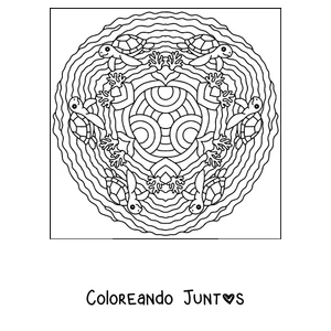 Imagen para colorear de un mandala de verano con tortugas marinas y corales