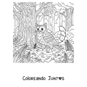Imagen para colorear de un Meowl en el bosque entre los árboles