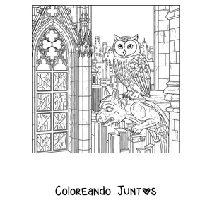 Imagen para colorear de un Meowl junto a un vitral gótico