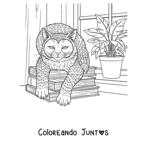 Imagen para colorear de un Meowl descansando sobre una pila de libros