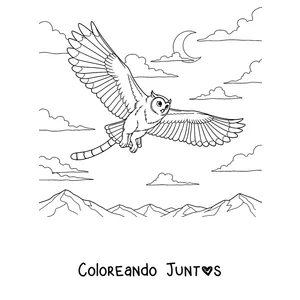 Imagen para colorear de un Meowl volando bajo la luna