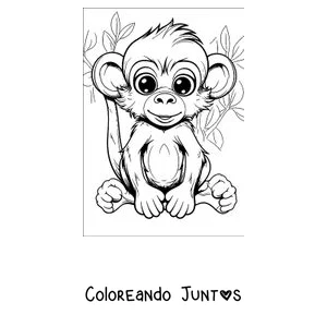 Imagen para colorear de un mono bebé sentado entre las hojas