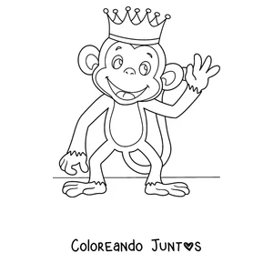 Imagen para colorear de un mono con corona de rey saludando