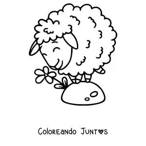 Imagen para colorear de oveja oliendo una flor