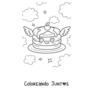 Imagen para colorear de un panqueque con alas volando entre las nubes