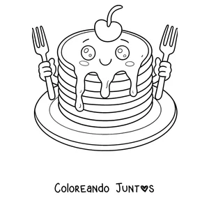 Imagen para colorear de un panqueque sonriente con una cereza arriba