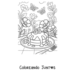 Imagen para colorear de panqueques con frutillas en un jardín con mariposas