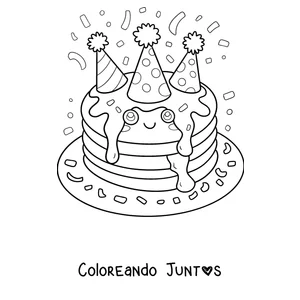Imagen para colorear de panqueques de cumpleaños con gorritos de fiesta y confeti