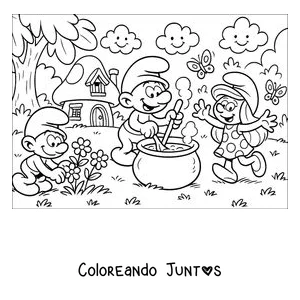 Imagen para colorear de Papá Pitufo preparando una poción en su caldero