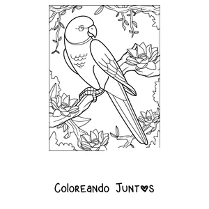 Imagen para colorear de un papagayo de cola larga posado en un árbol