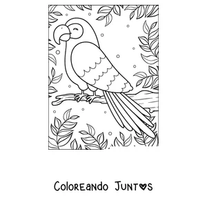 Imagen para colorear de un papagayo sonriente posado entre hojas