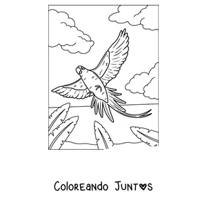 Imagen para colorear de un papagayo tropical volando sobre la selva