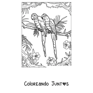 Imagen para colorear de dos papagayos posados juntos en una rama
